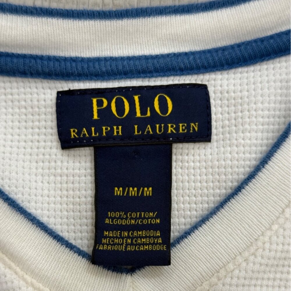 Polo Ralph Lauren Mens Thermal Shirt Long Sleeve V-Neck White Blue Logo Size M - Picture 2 of 6